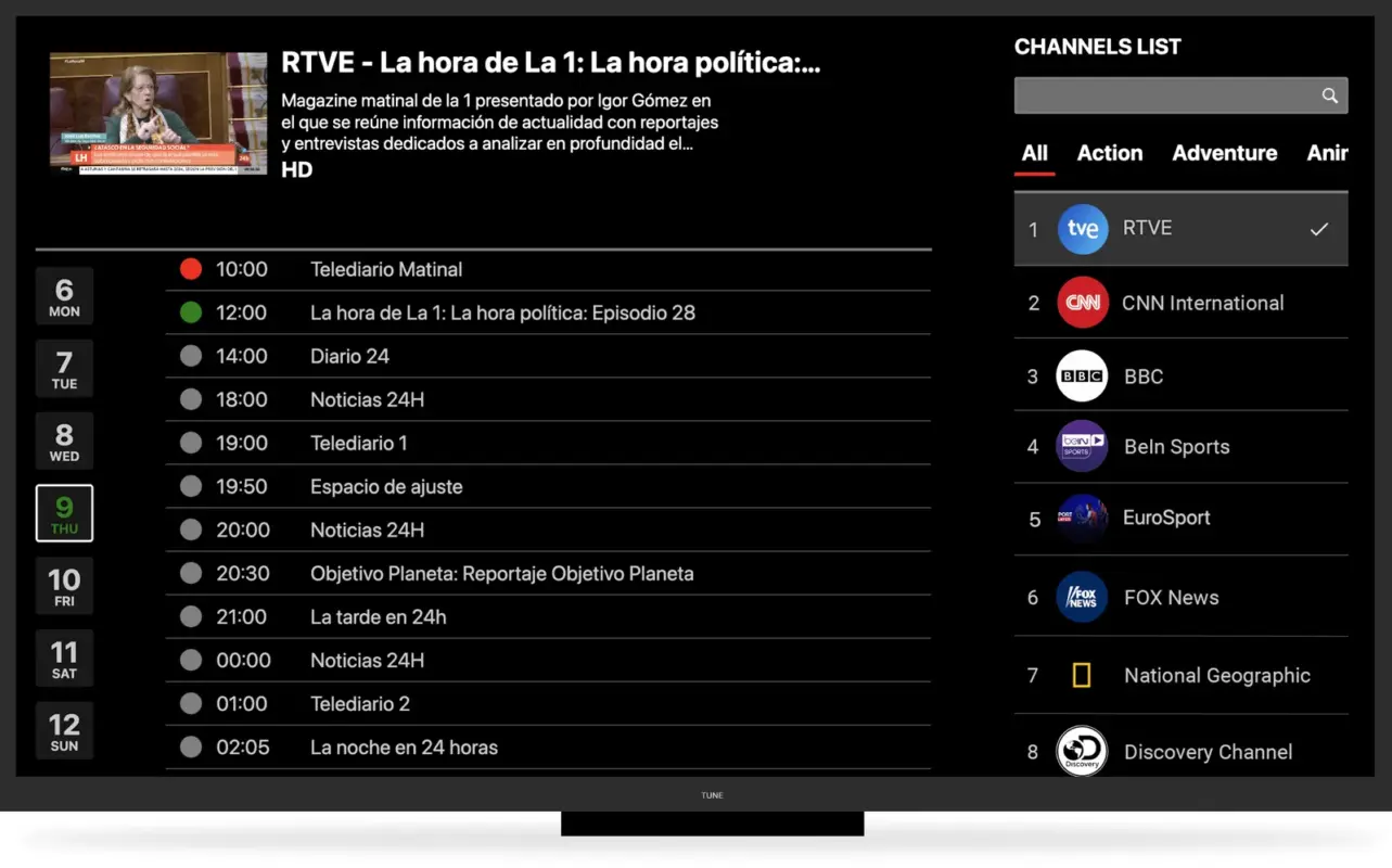 PeoplesTV IPTV IPTV electronic programme guide (EPG) showing the live TV schedule by channel