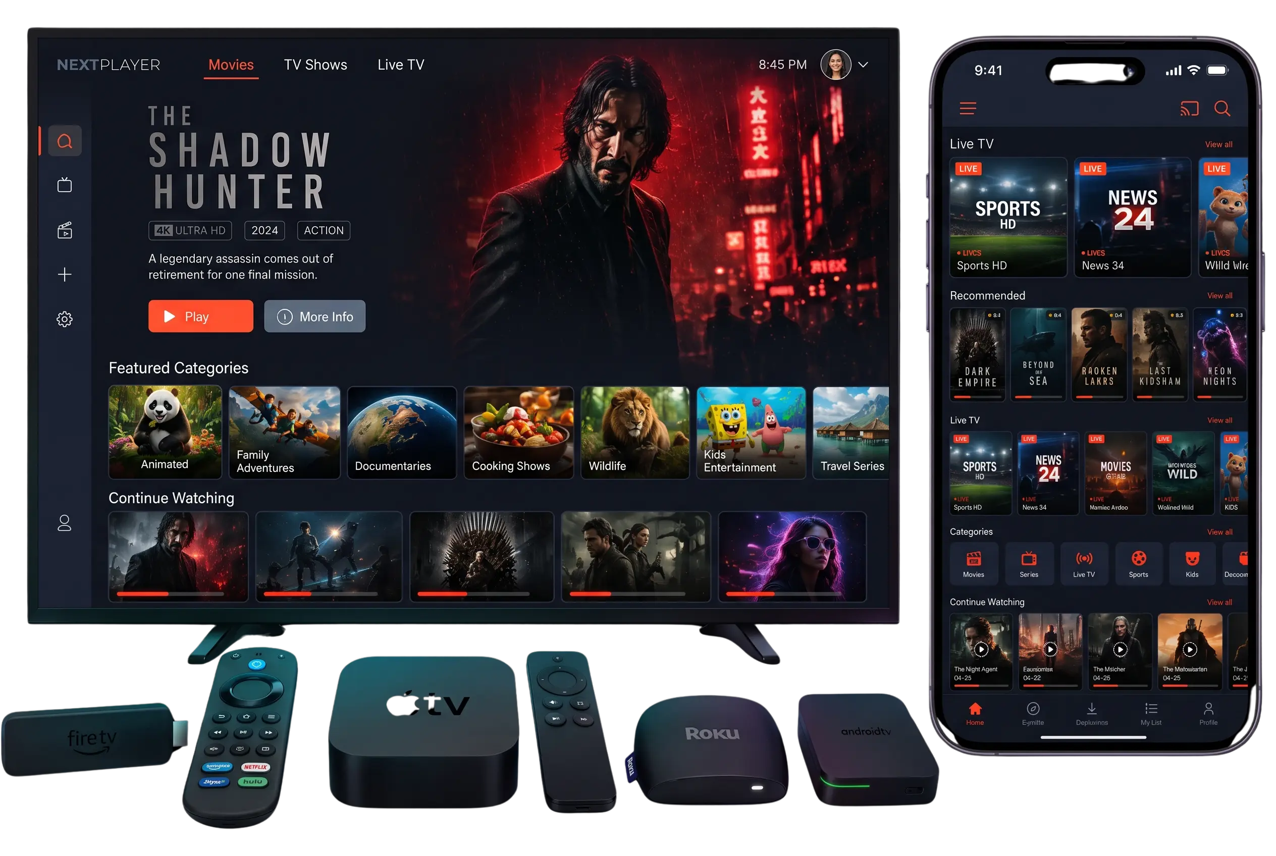 PeoplesTV IPTV IPTV service on a Smart TV, smartphone, Firestick and streaming boxes, showing movies, series and live TV
